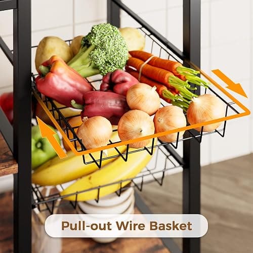 IRONCK Large Bakers Rack with Power Outlet, 6-Tier Corner Microwave Stand, Industrial Coffee Bar with Wine Rack, Hooks & Wire Baskets for Kitchen Spices/Pots, Rustic Brown thumbnail 5