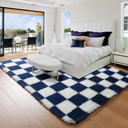 KICMOR Navy Blue and Cream White Rugs for Living Room, 4x6 Fluffy Fuzzy Shag Checkered Rug Shaggy Carpet for Bedroom, Soft Plush Area Rug for Nursery Toddler Room Classroom Study Room Kids Room thumbnail 7