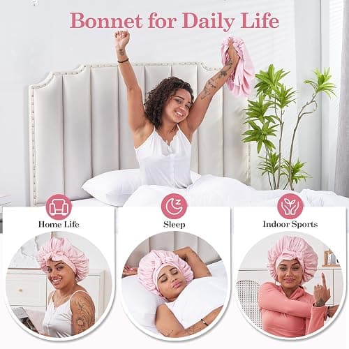 Tie Band Silk Satin Hair Bonnet for Sleeping Women Curly : Sleep Night Wrap Cap for Straight Wavy Coily Kinky Natural Hair Head - Pink thumbnail 5