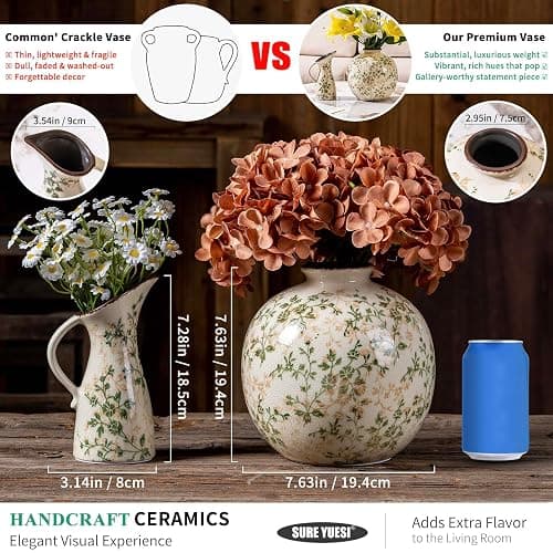 SURE YUESI Set of 2 Vases, Green and Beige Pastoral Vintage Vase Set for Flowers, Rustic Farmhouse Decorative Vases for Home Decor, Chinoiserie Floral Vase, Living Room Table Centerpiece thumbnail 2