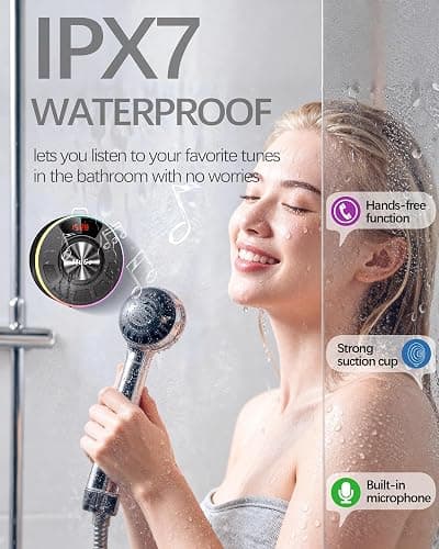 MuGo Shower Bluetooth Speaker Waterproof IPX7, 360° HD Stereo Sound Bathroom Speaker Bluetooth 5.3 with RGB Lights, Suction Cup and Microphone, Mini Shower Radio for Home/Party/Outdoor thumbnail 2