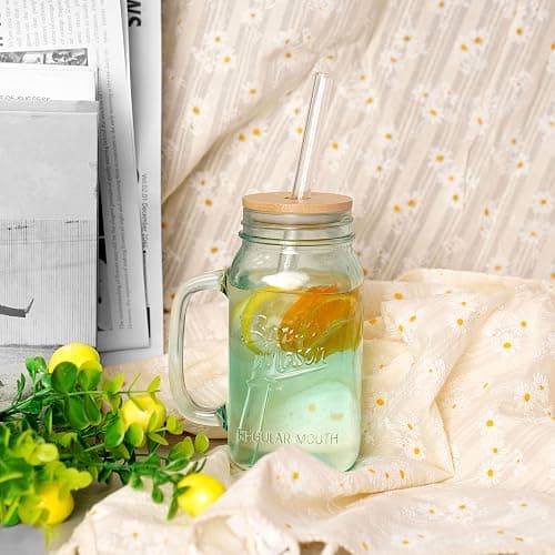 ANOTION Mason Jar with Handle - Colorful Drinking Glasses Colored Glass Cups with Lids and Straws Colored Glasses Drinking Set of 2 Mason Jars Iced Coffee Cups Tumblers Smoothie Water Bottles thumbnail 2