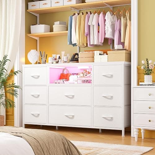 White Dresser for Bedroom with LED Lights & Charging Station, Dresser TV Stand for Bedroom with 8 Drawer for 55 inch TV, Fabric Dressers & Chests of Drawers with Open Shelves for Hallway Entryway thumbnail 2