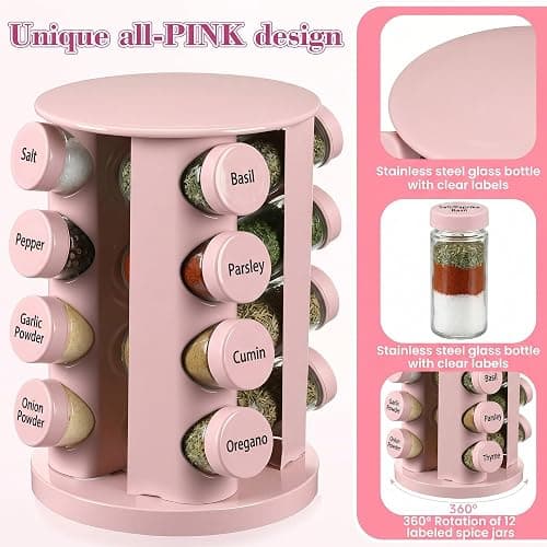 Yungyan Pink Rotating Spice Rack Seasoning Organizer with 16 Empty Jars, Spice Containers Set with Labels and Funnel, Revolving Seasoning Rack for Kitchen Accessories (Stainless Steel,Glass) thumbnail 5