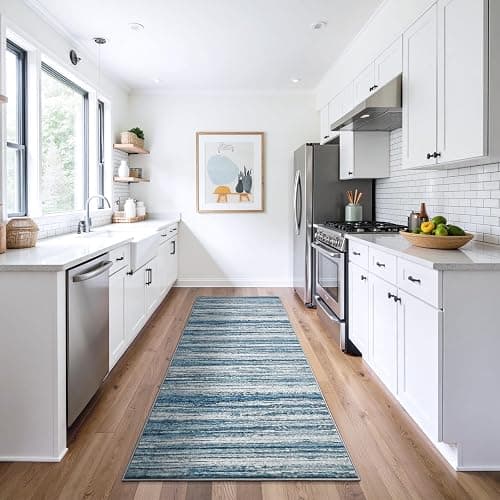 Chicrug 2x6 Blue Washable Runner Rug for Hallway Kitchen Entryway Non Slip | Striped Abstract Long Runners Rugs for Bedroom, 6ft Low Pile Floor Carpet Runner for Bedside Dorm Laundry Room thumbnail 3