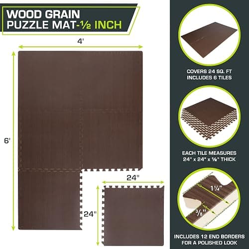 ProsourceFit Wood Grain Puzzle Mat 1/2-in, 6 EVA Foam Interlocking Floor Tiles (24SQ FT) for Secure Indoor Room Workout Flooring and Playmat thumbnail 2