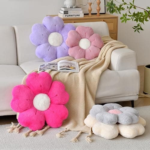 Flower Shaped Pillow, Cute Decorative Throw Pillow with Soft Artificial Rabbit Fur for Couch Bed Chair Floor, Flower Pillows Seating Cushions with Room Décor for Bedroom Living Room (14.9" Lavender) thumbnail 5