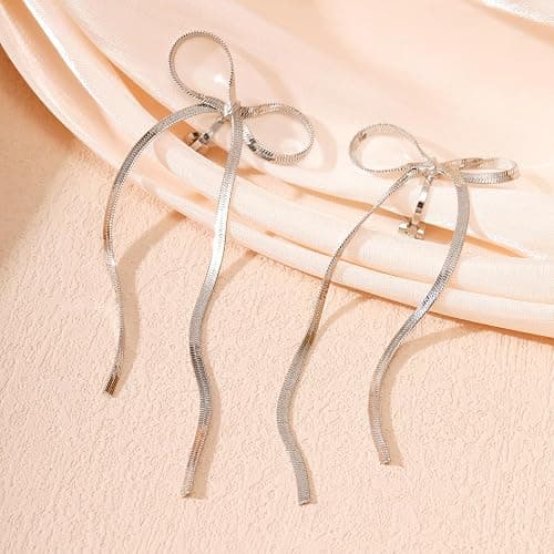 NVWAROCK Cilp-on Bow Earrings Non Pierced Ribbon Bow Dangle Drop Tassel Statement Earring for Women Dangling Long chain Earrings（Gold and Silver） thumbnail 5