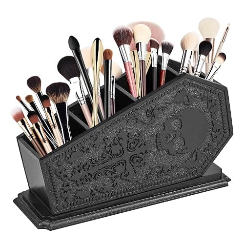 Gothic Coffin Decor Makeup Brush Holder,Spooky Witchy Gifts for Women,Skull Cosmetic Display Cases,Goth Decor Pen Holder, Vanity, Desk, Office Organizer for Christmas Bedroom Bathroom (Black) - Image 1