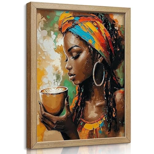 Framed African American Woman Wall Art Modern Colorful Black Woman Canvas Prints Coffee Afrocentric Girl Posters Pictures Fashion African Tribal Girl Wall Decor Painting Ready To Hang 8x10in Framed - Image 1