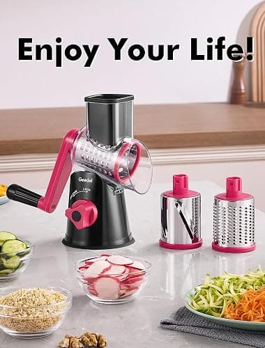 Geedel Rotary Cheese Grater, Kitchen Mandoline Vegetable Slicer with 3 Interchangeable Blades, Easy to Clean Rotary Grater Slicer for Fruit, Vegetables, Nuts thumbnail 2