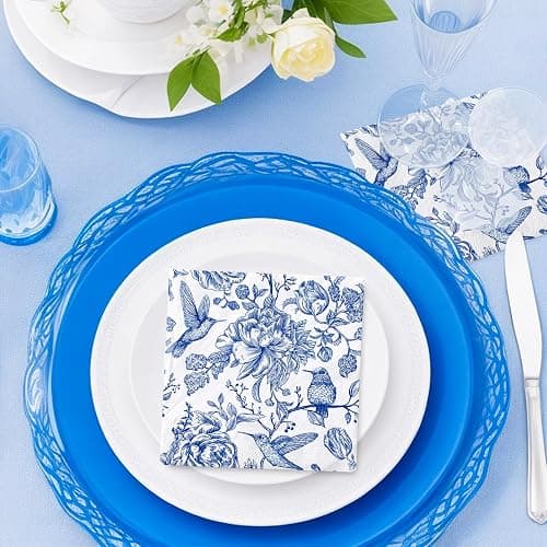 JarThenaAMCS 50Pcs Floral Bird Cocktail Paper Napkin Blue and White Disposable Napkin Vintage Flower Beverage Napkin for Spring Summer Birthday Party Table Decor Supplies thumbnail 2