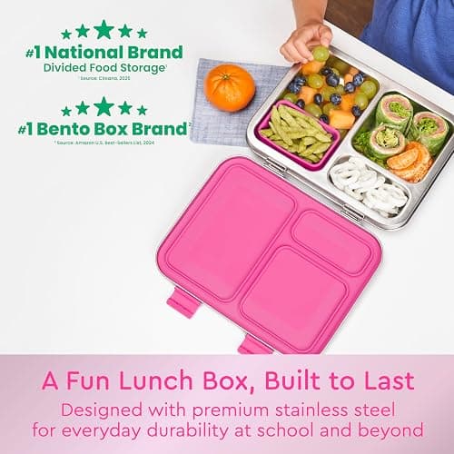 Bentgo Kids Stainless Steel Leak-Resistant Lunch Box - 3-Compartments with Bonus Silicone Container, Durable, Eco-Friendly, Dishwasher Safe, BPA-Free, Ideal for School, Ages 3+ (Fuchsia) thumbnail 4