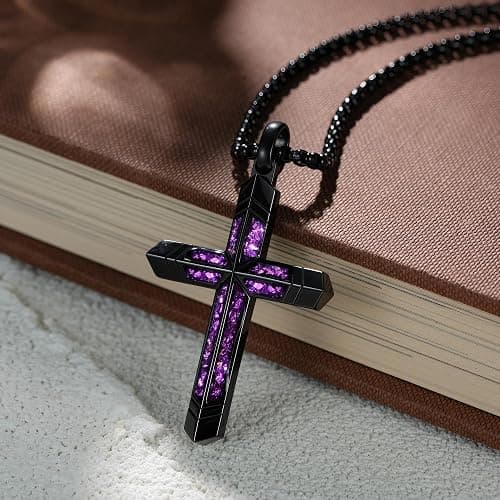 GTMJ Amethyst Cross Necklace for Men with Adjustable Box Chain For Everyday Wear Christian Men's Cross Necklace Jewelry Gifts thumbnail 5