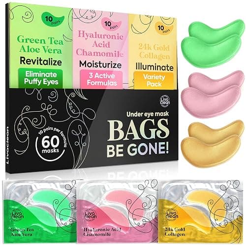 LivaClean 24k Gold Under Eye Patches - 60 Undereye Masks - Collagen Eye Patches for Puffy Eyes and Dark Circles - 3 Active Formulas, Hyaluronic Acid, Collagen, and Aloe Vera for Tired, Puffy eyes - Image 1