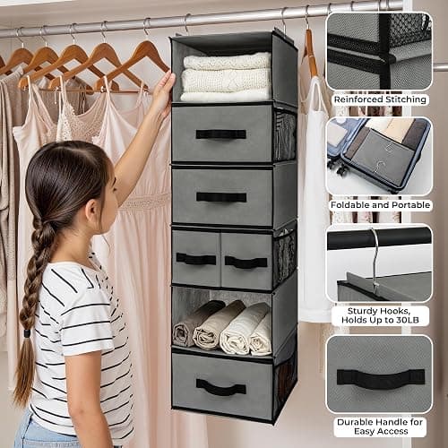 GRANNY SAYS Hanging Closet Organizer 6 Shelves, Closet Organizers and Storage with 5 Drawers, 6 Side Pockets Closet Hanging Organizer, Hanging Storage Organizer for Closet, Baby Clothes, Gray thumbnail 4