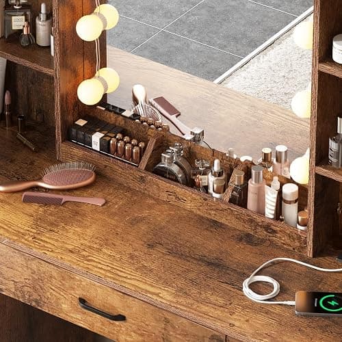 Vabches Makeup Vanity Desk with Lighted Mirror & Power Strip, Large Brown Vanity Table Set Rustic Farmhouse Style with Storage Stool, 3 Lighting Modes, Brightness Adjustable, 45.2in (W) thumbnail 9