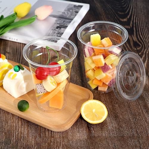 TashiBox Plastic Cups with Flat Lids 100 Sets 16 oz, Clear Crystal drink cups with lids thumbnail 2