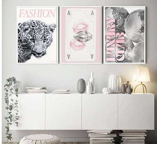 Pink Trendy Leopard Preppy Wall Art Funky Black Cheetah Picture Wall Decor Luxury Club Fashion Disco Ball Ace of Spades Painting Aesthetic Poster Print Artwork for Living Room Bedroom Dorm Apartment thumbnail 6