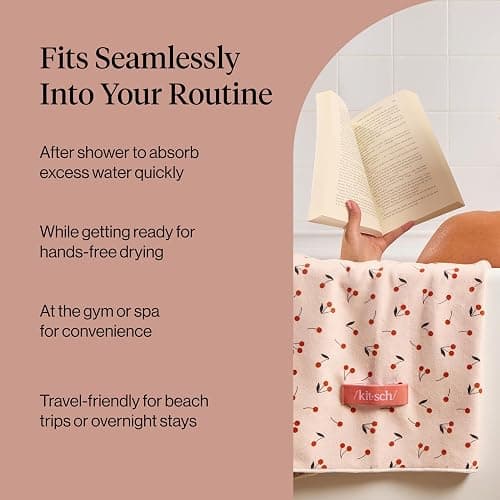 Kitsch XL Microfiber Hair Towel Wrap for Women – Ultra Absorbent Microfiber Bath Towels for Wet, Curly, Long or Short Hair – Anti-Frizz Hair Wrap, Great Hair Products Gift for Women – Cherry Print thumbnail 6