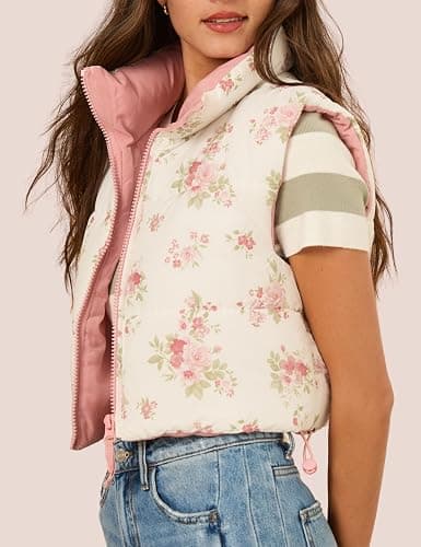 InterNos Womens Cropped Floral Print Puffer Vest Lightweight Stand Collar Zip up Sleeveless Winter Padded Coats thumbnail 3