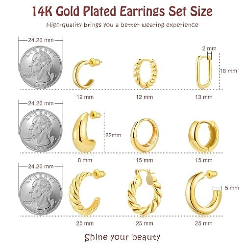 IDJEOABL 9 Pairs Gold/Sterling Silver/Rose Gold Plated Hoop Earrings Set for Women Trendy Chunky Gold Hoops 14K Real Gold Plated Small Huggie Earrings for Sensitive Ears Non Tarnish Jewelry for Gifts thumbnail 2
