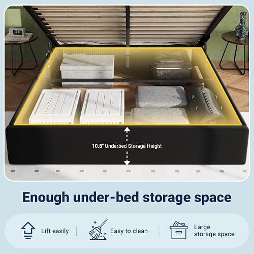 Allewie Full Lift Up Storage Bed Frame with Charging Station, Black | Enclosed Storage, USB & Type-C Charging, Smart LED Lights, Hydraulic Lift, Adjustable Headboard, Velvet Upholstery thumbnail 6