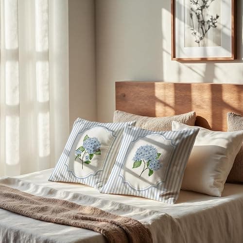 ZNGFON Vintage Blue and White Striped Hydrangea Floral Pillow Covers 18x18 Set of 2, Floral Room Decor, Rustic Blue and White Striped Botanical Flower Pillow Covers Decor thumbnail 5