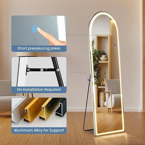 Aidoly 16"x60" Arched LED Full Length Mirror with Stand, Full Body Mirror | LED Lights 3 Color Lighting, Wall Hanging or Leaning, Floor Standing, Modern Simple Home Wall Decor thumbnail 6