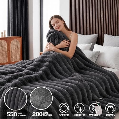 Qieryun Heated Blanket Electric Throw 50″x60 ″Inch - Thick Striped Flannel Electric Blanket,10 Heating Levels, 1-12 Hours Auto Off, Fast Heating Heating Blanket with Overheat Protection. thumbnail 4