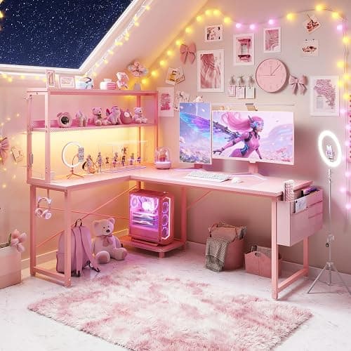 AODK L Shaped Desk Gaming Desk with LED Light & Power Outlet, 53 Inch Reversible L Shaped Computer Table with Shelf & Storage Bag & Hook for Home Office, Pink thumbnail 2