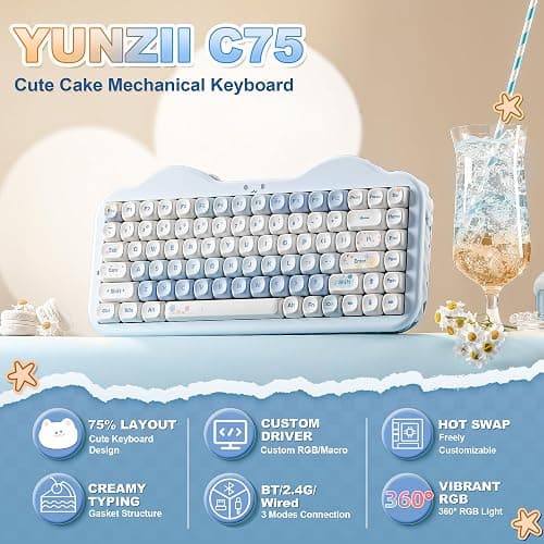 YUNZII C75 75% RGB Kabelloses Mechanisch Gaming Tastatur, BT5.0/2.4G/USB-C Creamy Tastatur Hot Swap NKRO,Niedliche Tastenkappen Gasket Mount mit Süße Kuchen für PC/Mac/Gaming (Blau, Milk V2 Switch) thumbnail 2