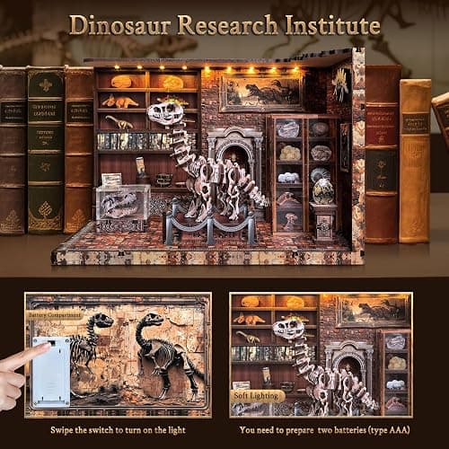 FLYINTOYS Book Nook Kit, DIY Miniature Dollhouse Booknook Kit for Adults and Teens, 3D Wooden Puzzle Bookshelf Crafts Kits with LED Light for Family and Friends (Dinosaur Research Institute) thumbnail 5