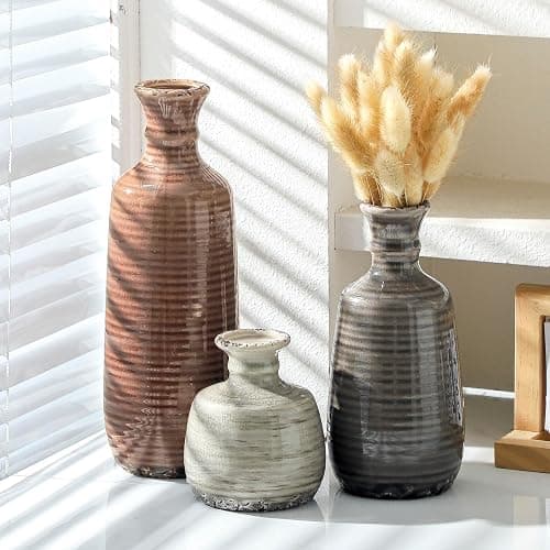 Ceramic Vases Set of 3, Neutral Rustic Farmhouse Vases Home Decor Decorative Flower Vase Modern Boho Pampass Vase for Table Mantel Entryway Shelf Living Room Kitchen Bathroom - Brown thumbnail 6