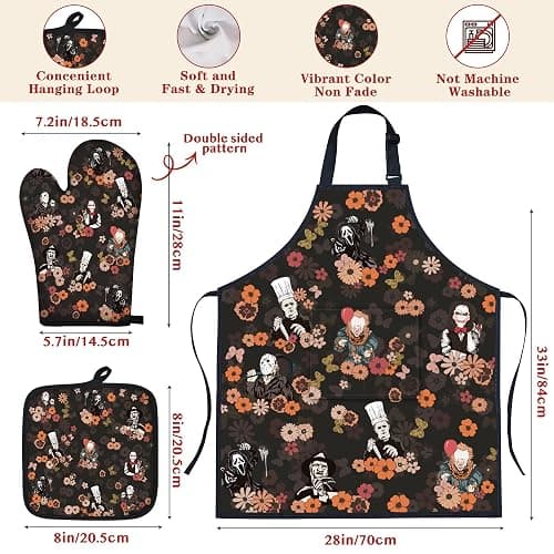 Horror Merch,9Pcs Bamboo Cooking Utensils Set,Spoons with Apron Oven Mitts Pot Holder,Halloween Horror Gifts for Men Women,Horror Decor,Horror Collectibles,Spooky Kitchen Accessories thumbnail 3