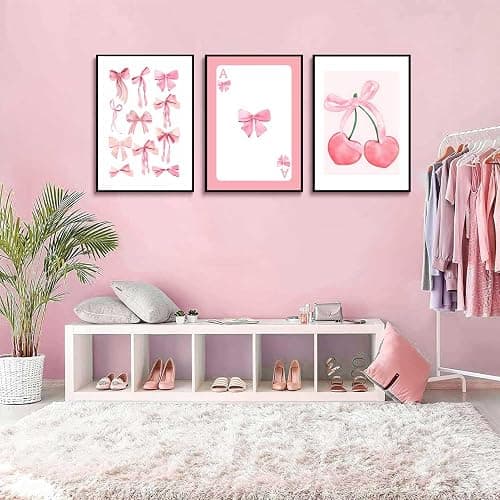 3Pcs Trendy Pink Bows Wall Art Preppy Watercolor Bows Canvas Posters Prints Girly Aesthetic Wall Decor Pictures for College Apartment Bedroom Decoration, Unframed 12x16in thumbnail 6