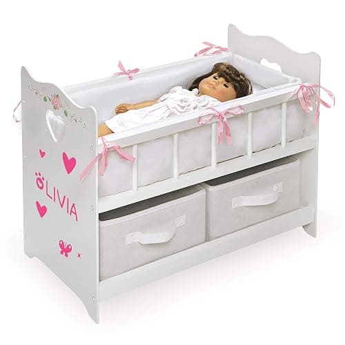 Badger Basket Wooden Doll Bed with Bed Liner, Pillows and Two Storage Baskets - Fits 18" Dolls - Ideal for Pretend Play and Baby Doll Fun - White/Rose Design with Free Personalization Kit thumbnail 6