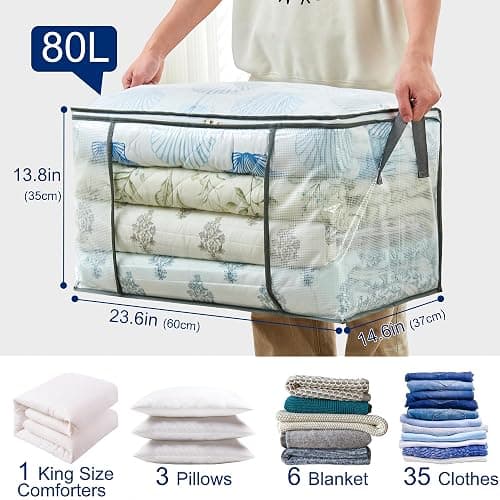 MKOKYD 80L Clear Large Storage Bag, Clothes Storage Containers for Organizing Closet, Bedroom, Underbed, Comforters, Clothing, Blankets, Pillow, Foldable Organizer with Sturdy Handle and Zippers (3) thumbnail 3