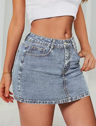 IWD Denim Mini Skirt Women Casual Stretch Jean Skirt Zip Fly Low Waisted Denim Skirt with Pockets thumbnail 2