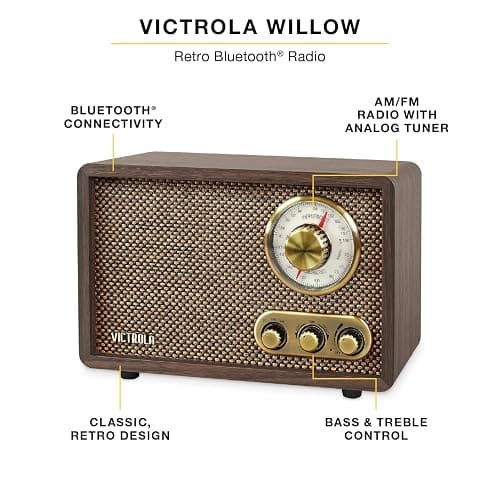 Victrola Willow – Retro Wood Bluetooth Radio with Built-in Speakers: Elegant & Vintage Design, Rotary AM/FM Tuning Dial, Bass & Treble Control, Wireless Streaming (Walnut) thumbnail 2