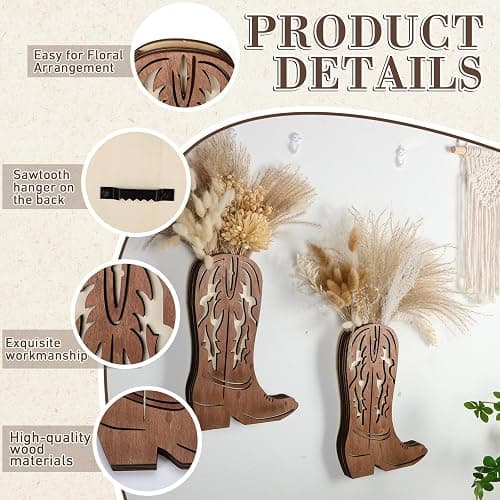 Havawish 2 Pcs Modern Farmhouse Decor Wood Cowboy Boots Wall Planter for Indoor Plants 12 x 8'' Cowboy Boot Flower Hanging Vase for Flower Faux Wood Wall Decor for Bathroom Bedroom(Retro Style) thumbnail 4