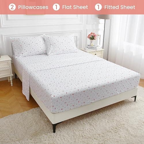 Softan Pink Floral Full Sheet Set Flower Printed Bed Sheets Double - 4 Piece Microfiber Patterned Fitted Bed Sheets with 15" Deep Pocket & Straps, Cozy Cute Pink Sheets and Pillowcase Set thumbnail 8