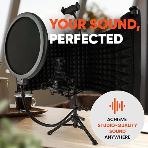 Glemoriol Microphone Isolation Shield with Phone Holder, Pop Filter & Desktop Stand – Sound Proofing Studio Setup for Enhanced Sound Quality | Home Recording, Podcast Equipment & Sound Production thumbnail 4