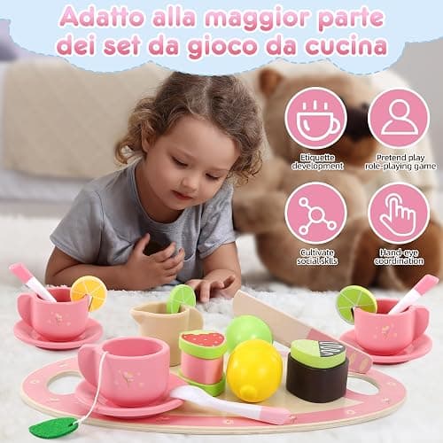 Seagoal Set da Tè di Legno, Cucina Giocattolo per Bambini, Giochi Regalo 3 4 5 Anni, Accessori da Torta Dessert Gioco di Ruolo thumbnail 5