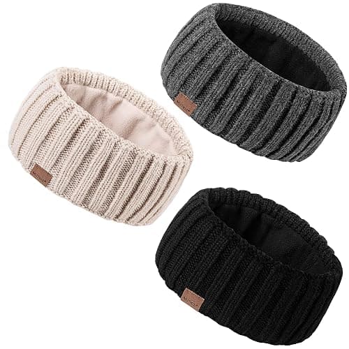 MUTKIS Winter Headbands for Women 3 Pack, Ear Warmers for Women Headband Wool Knit Thick Fleece Lined, Cold Weather Warm Ear Muffs(Black&Beige&Dark Gray) - Image 1