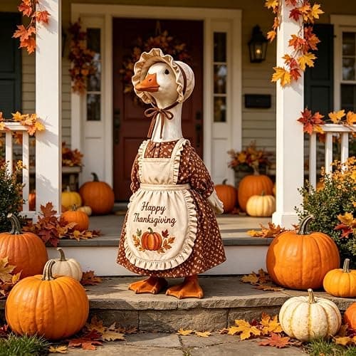 Gliswaieuznd Thanksgiving Pilgrim Porch Goose Outfits for 23'' Goose Statue | Fall Pumpkin Dress Goose Clothes, Pilgrim Costume, ''Happy Thanksgiving'' Apron, Bonnet, Autumn Yard Patio Garden Decor thumbnail 2