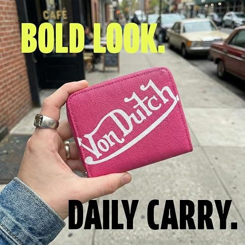 Von Dutch Zip-Up Wallet with ID Window, Vegan Leather, Slim Unisex Design for Men & Women (Classic Signature, Hot Pink) thumbnail 5