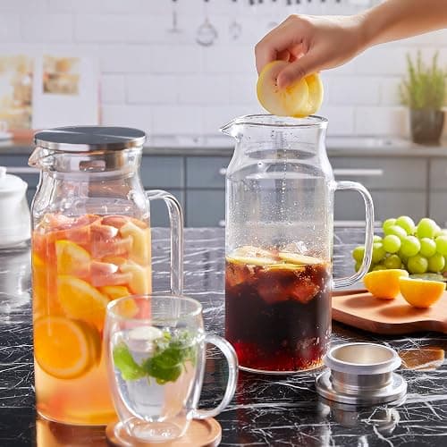 Bivvclaz 2 Liter 68 oz Glass Pitcher with Lid and Handle, Glass Carafe for Hot/Cold Water, Large Iced Tea Pitcher for Coffee, Juice and Homemade Beverage thumbnail 7