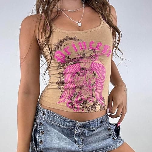 Womens Y2k Gothic Graphic Spaghetti Strap Cami Crop Tops Sleeveless Sexy Tank Tops Retro Trendy Going Out Camisole thumbnail 4
