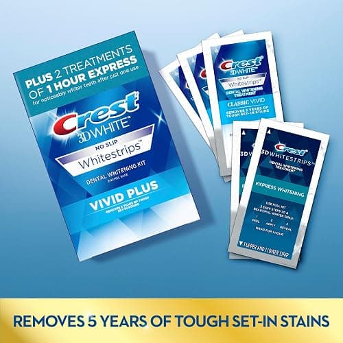 Crest 3DWhitestrips Vivid Plus Whitestrips 3D White, 10 Treatments + 1 Hour Express 2 Treatments Teeth Whitening Kit, 8 Levels Whiter, Crest Teeth Whitening Strips thumbnail 6